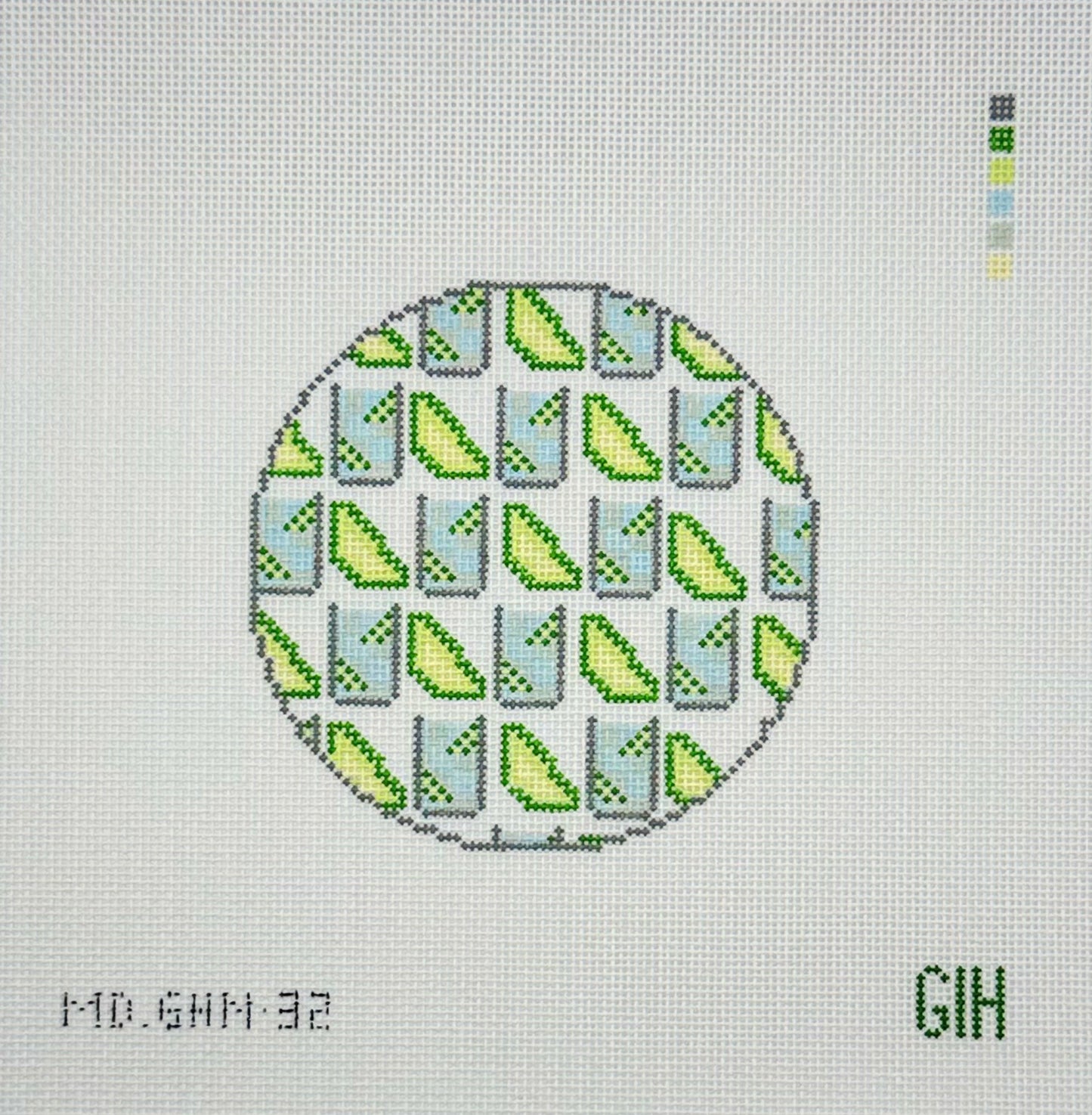 Green Heart Needlepoint for Mopsey Designs Gin & Tonic Round Coaster Needlepoint Canvas