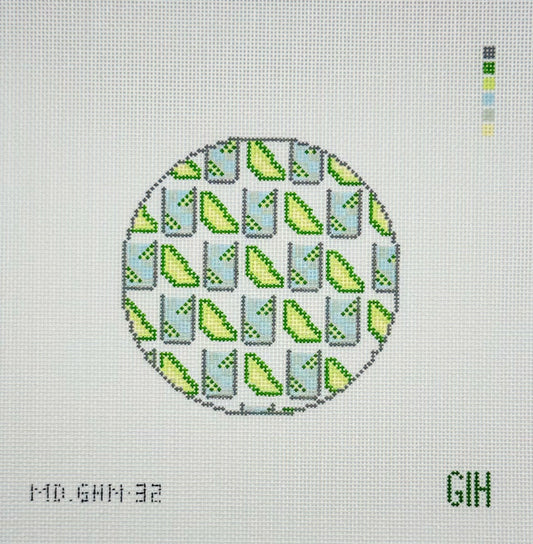 Green Heart Needlepoint for Mopsey Designs Gin & Tonic Round Coaster Needlepoint Canvas