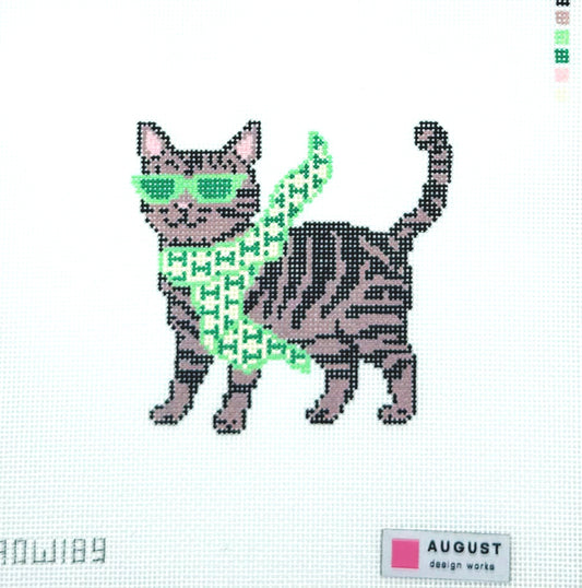 August Design Works Bougie Tabby Cat Hand Painted Needlepoint Canvas