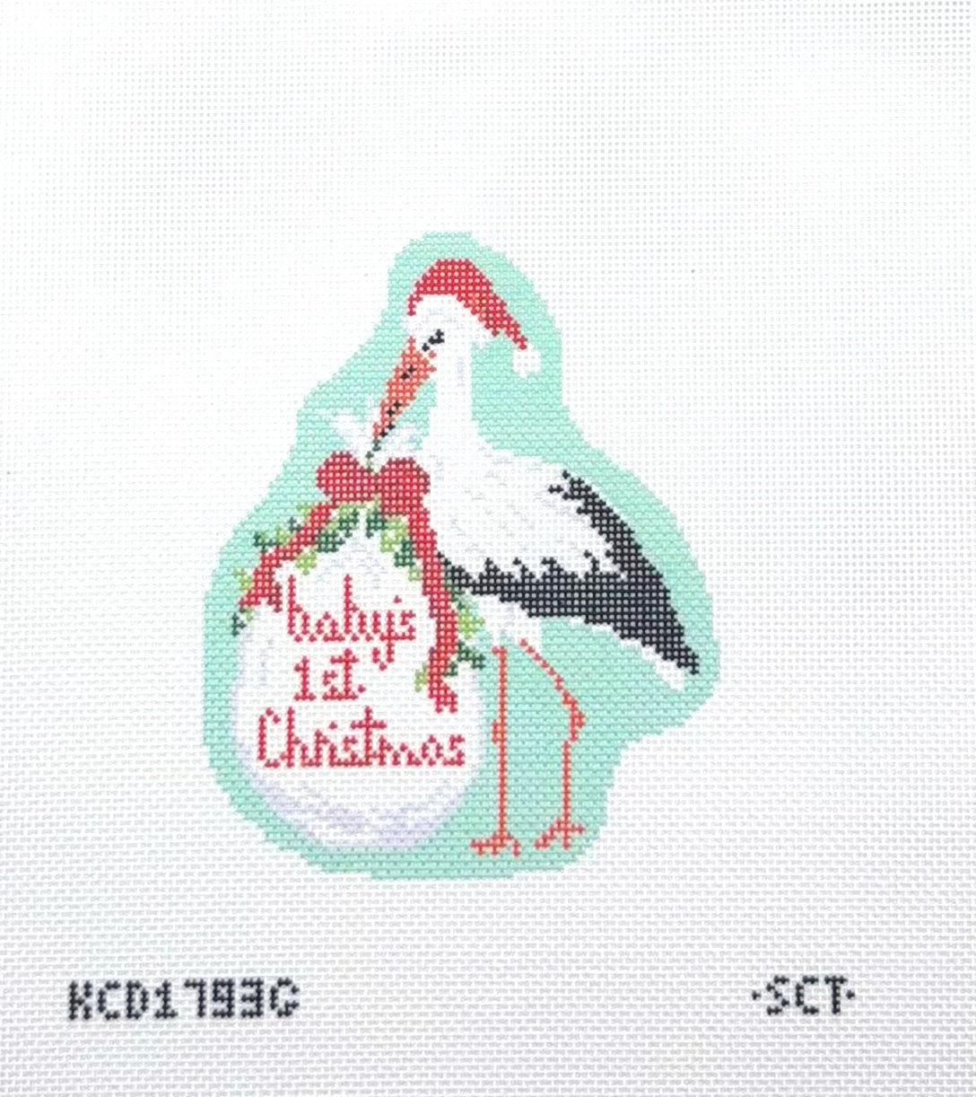 SCT Designs for KCN Designers Baby's First Christmas Green Stork Printed Needlepoint Canvas