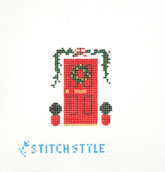 Stitch Style Needlepoint Red Christmas Door Hand Painted Needlepoint Canvas
