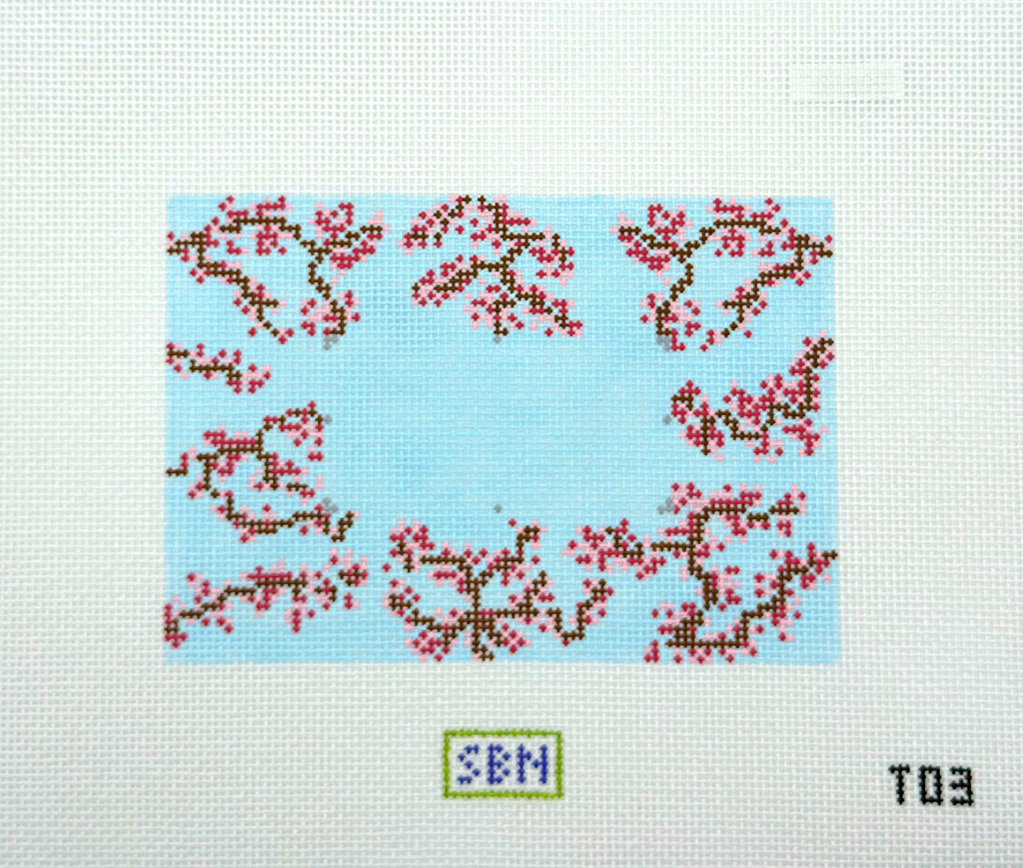 Susan Battle Needlepoint Cherry Blossoms on Blue Tray Insert Hand Painted Needlepoint Canvas