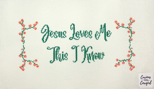 The Curious Cowgirl Jesus Loves Me Teal Needlepoint Canvas