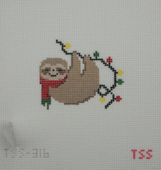 The Sassy Stitcher Christmas Sloth with Lights Hand Painted Needlepoint Canvas