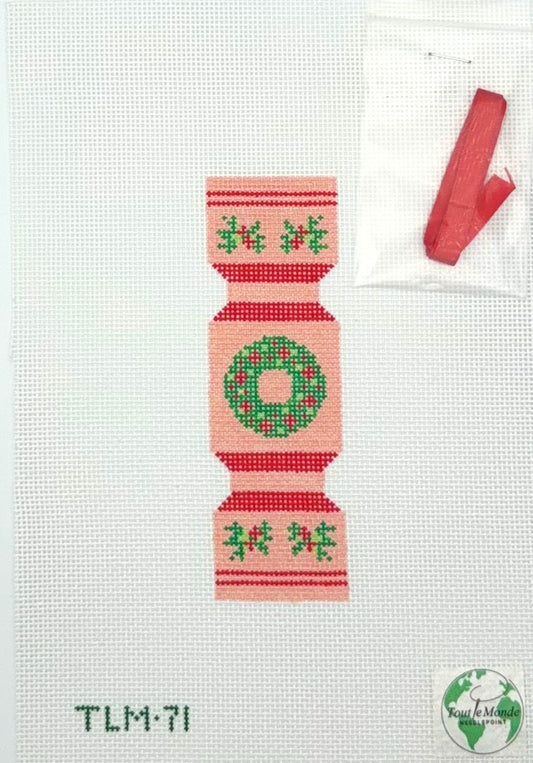 Tout Le Monde Needlepoint Christmas Cracker Wreath and Holly Pink Hand Painted Needlepoint Canvas