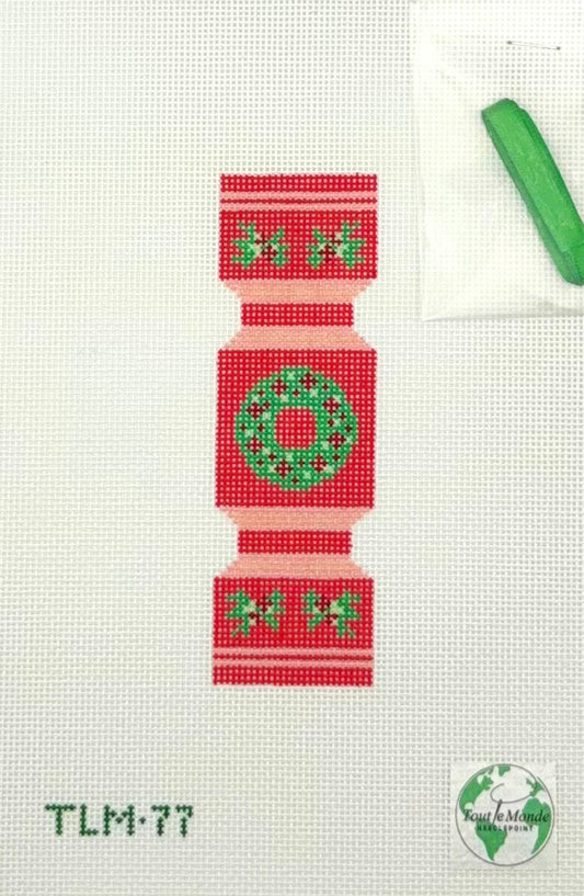 Tout Le Monde Needlepoint Christmas Cracker Wreath and Holly Red Hand Painted Needlepoint Canvas