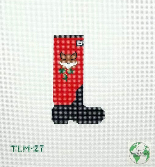 Tout Le Monde Needlepoint Fox and Holly Tally Ho Wellie Hand Painted Needlepoint Canvas