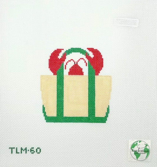 Tout Le Monde Needlepoint Lobster Tote in Seaweed Green Hand Painted Needlepoint Canvas
