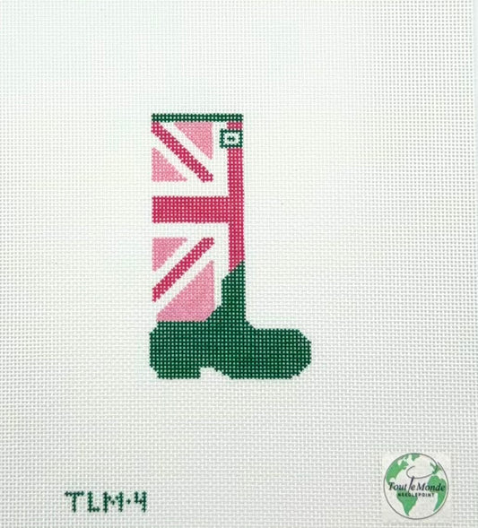 Tout Le Monde Needlepoint Pink and Green Union Jack Wellie Hand Painted Needlepoint Canvas