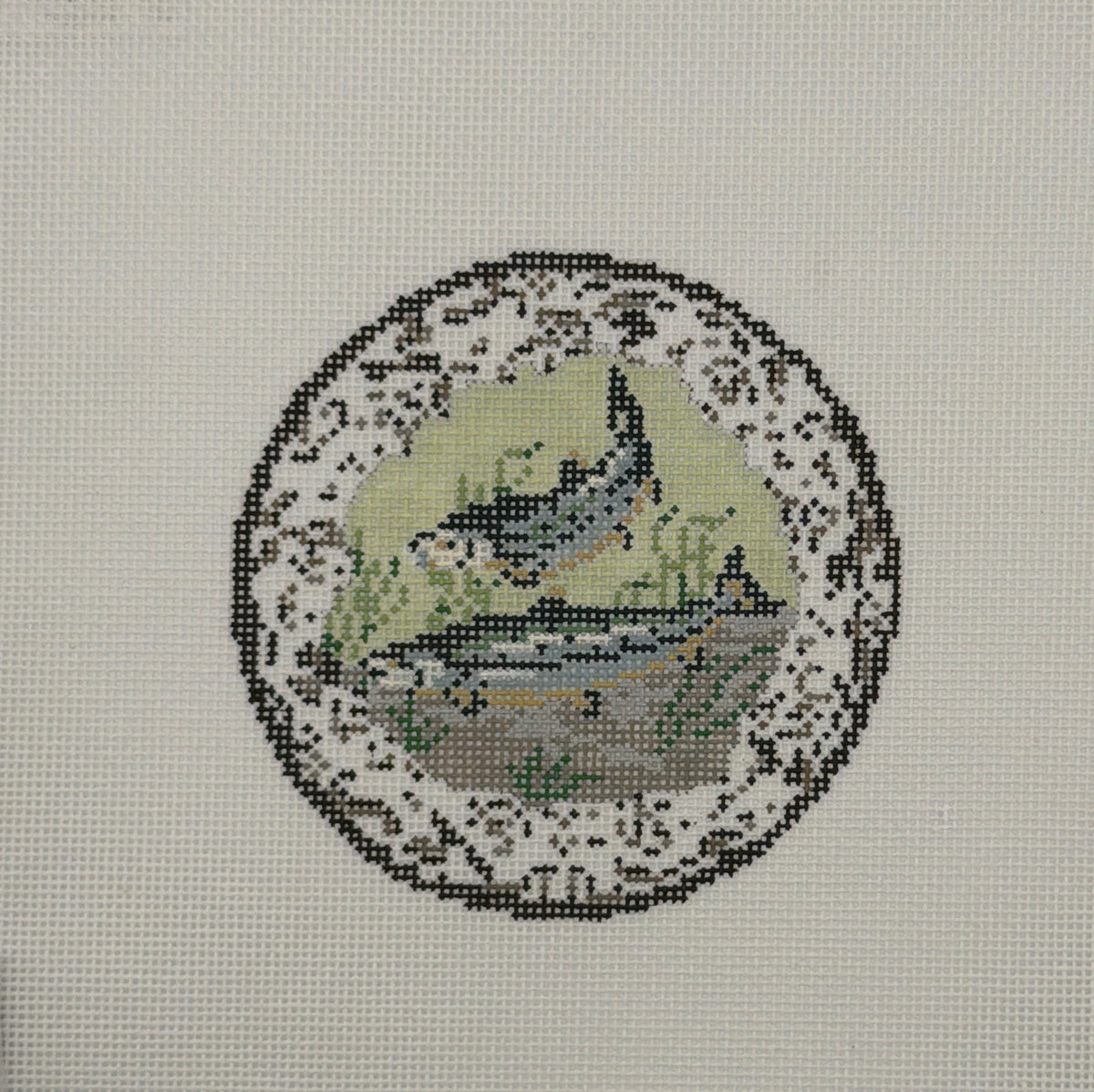 Trout Transferware Plate by Kate Woodward for The Gingham Stitchery Needlepoint Canvas