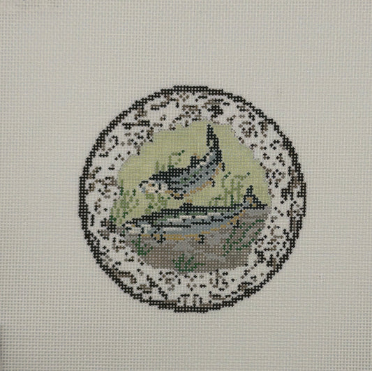 Trout Transferware Plate by Kate Woodward for The Gingham Stitchery Needlepoint Canvas